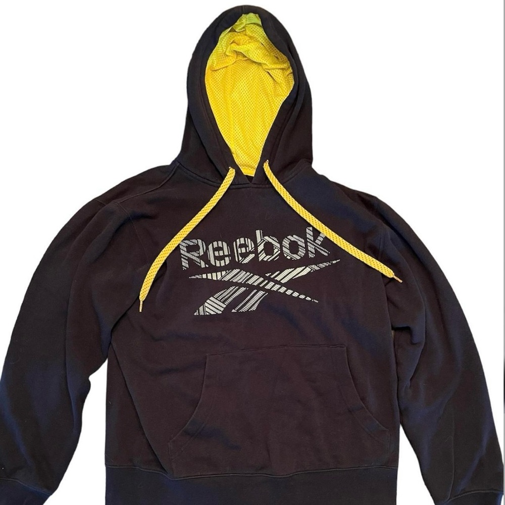 Reebok Dark Navy Blue and Yellow Hooded Sweatshirt | Men’s size Small